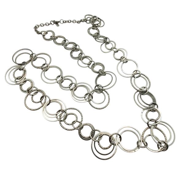 JLO Long Silver Tone Loop Necklace Boho Circle Ring Round Link Flapper Chain Y2K - Picture 1 of 7